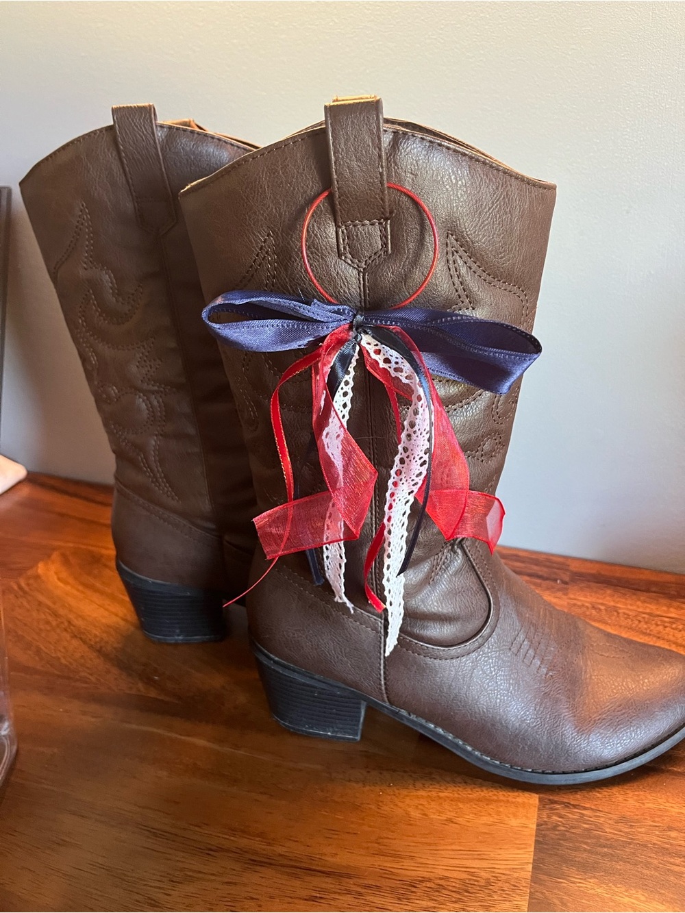 Red white and blue side boot bows with secure loop!